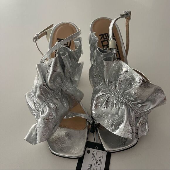 SERGIO ROSSI Ruffled metallic crinkled-leather sandals NWOB Size 36 - Picture 7 of 10
